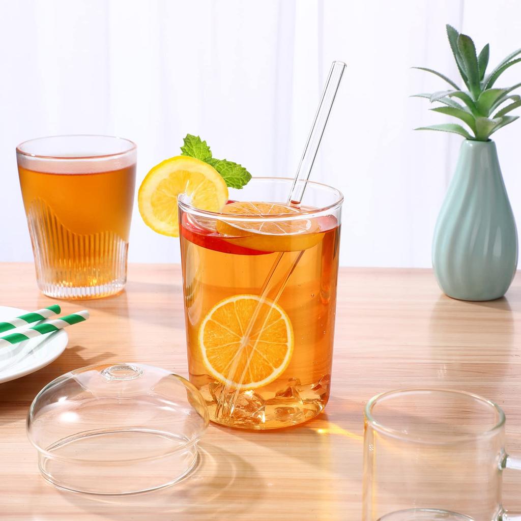 3er-Pack Kaffeetassen aus Glas mit Deckel und Strohhalm, 16 oz Eiskaffeetasse mit gewölbten Deckeln, klares Kaffeetassen-Set aus Glas zum Selbermachen