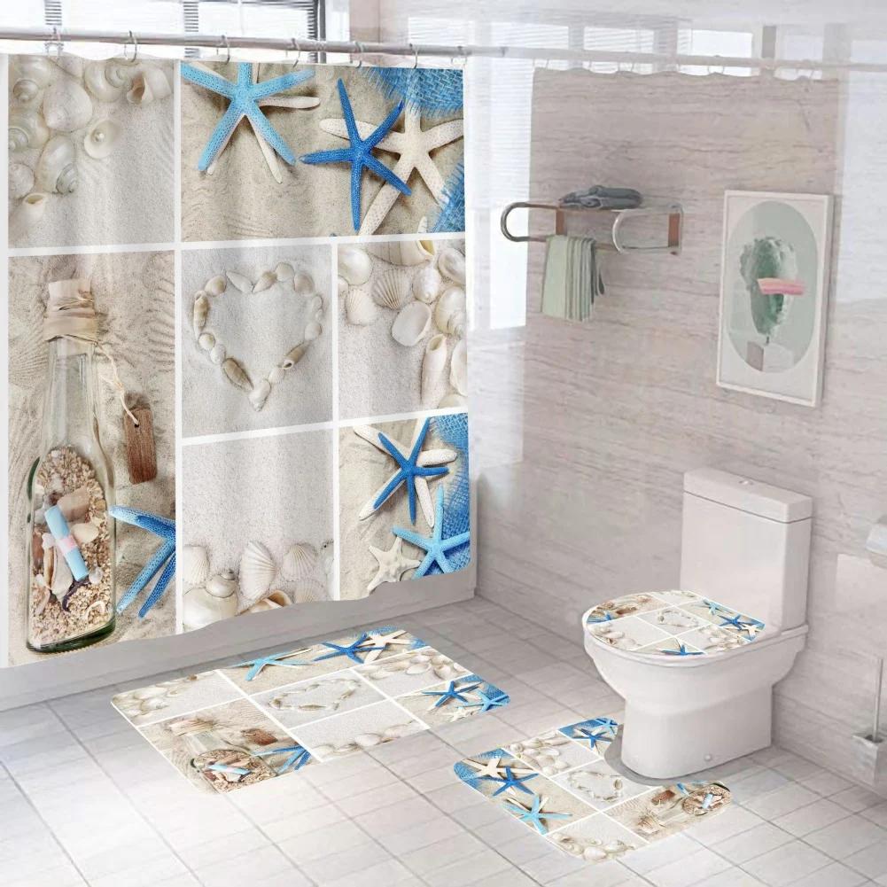4pcs Beach Shells Shower Curtains Set Summer Waterproof Shower Curtain Anti-slip Mat Toilet Cover Set Marine Style Bathroom Deco