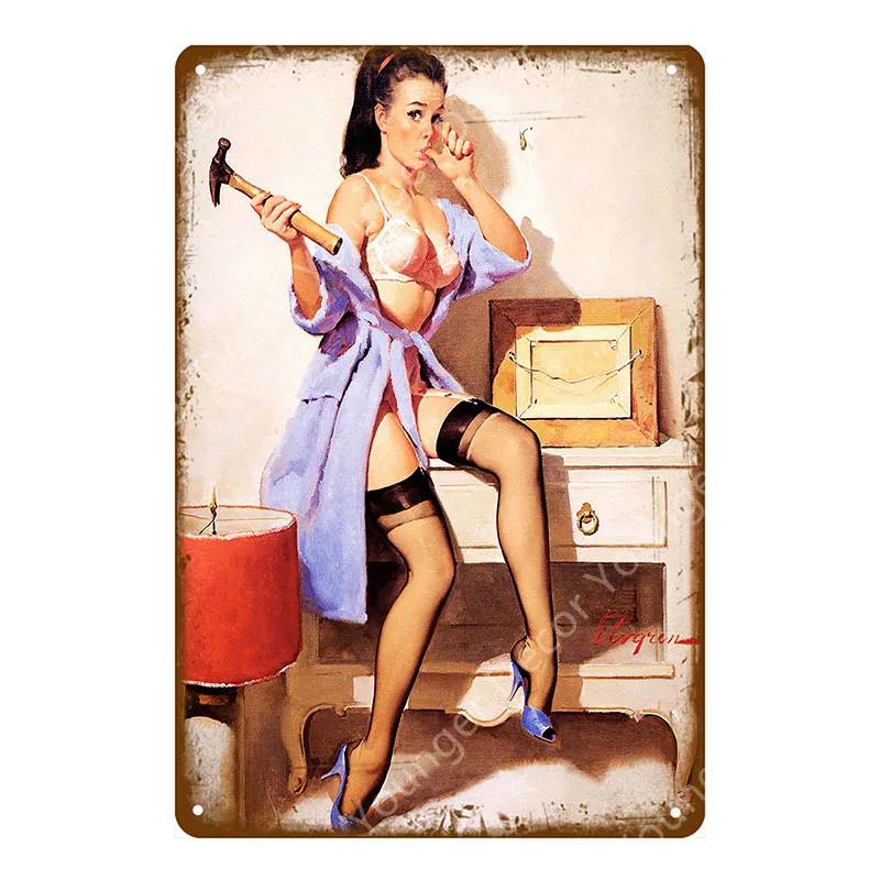Vintage Retro Sexy Dame Pin Up Girl Malerei Blechschilder Metall Poster Wandaufkleber Bar Kaffeehaus Club Heimdekoration YI-076