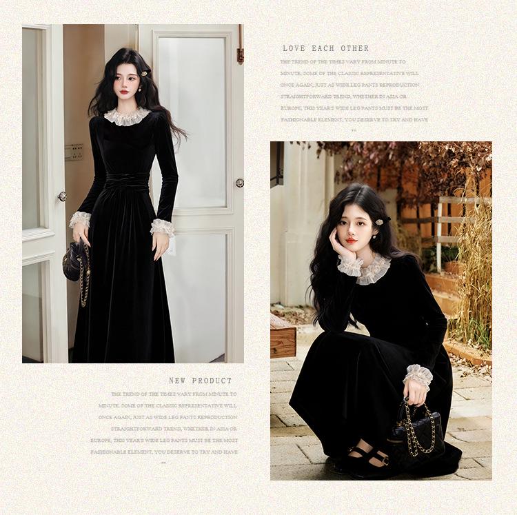 Elegant French Hepburn-Style Black Velvet Dress for Women - Autumn/Winter New Year Party Long Skirt