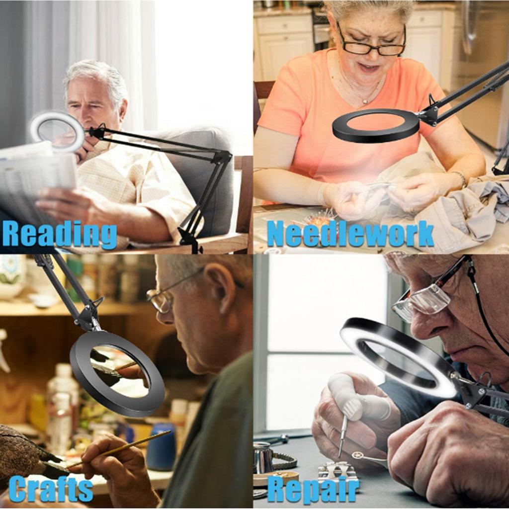 Magnifying Glass Magnifier with 64 LEDs Clamp Clip Light 8X Magnification 10 Levels Adjustable