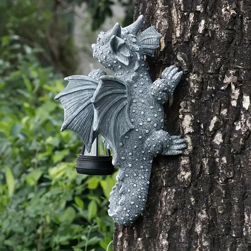 Solar- Dragon Tree Hugger Garden Statue - Glowing Resin Dragon Figurine Night Light with Solar Lantern, Outdoor/ Wall/Fence
