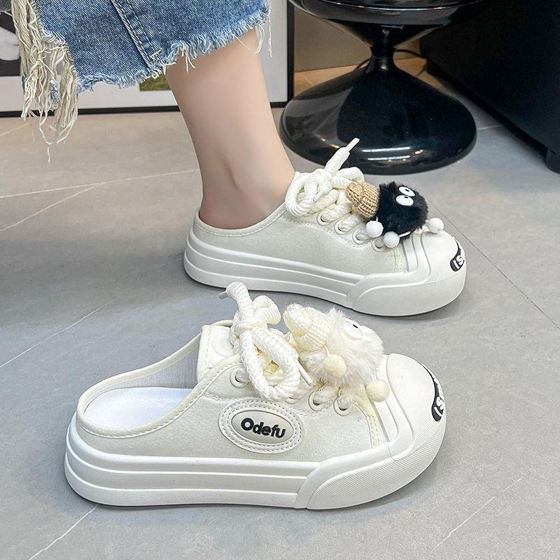 Canvas Half Slipper Women  New Korean Version To Wear A Flat Casual Slip-on Lazy Bun Head Single Shoes