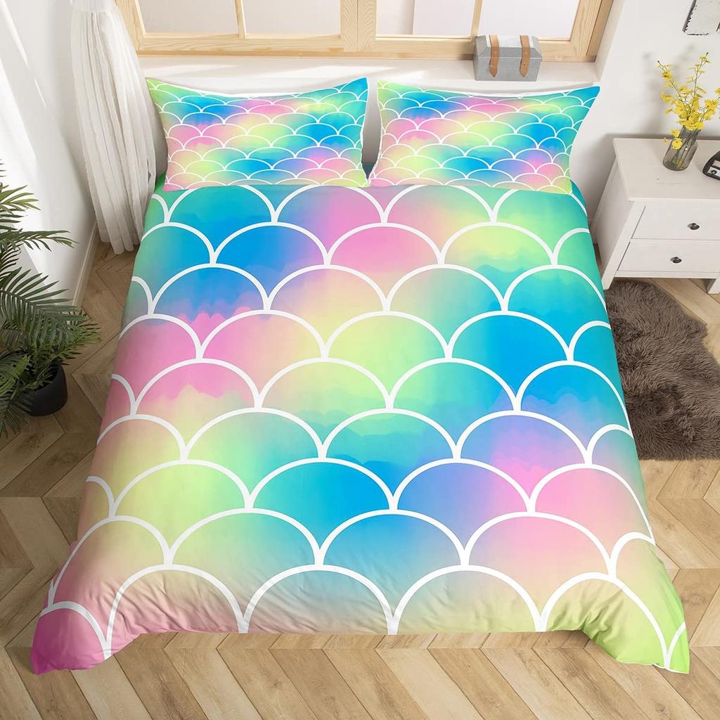 Fish Scales Duvet Cover Set Pink Fish Scales Pattern Colorful Twin Bedding Sets For Girls Women Microfiber 2/3Pieces Quilt Cover