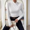 European American Pullover Autumn Winter Design Cross Collar Long Sleeve Slim Versatile Solid Color Gather Detail T Shirt