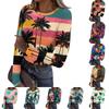 Damen Lässiges Mode-Oberteil mit Rundhalsausschnitt, Hawaiianischem Print und Langen Rippbündchen