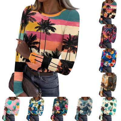 Women's Casual Fashion Round Neck Hawaiian Print Long Sleeve Ribbed Top