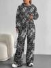 European, American Autumn and Winter Blue Flower Casual Long-sleeved Suit Women's Hooded Sweater Trousers Two-piece Set