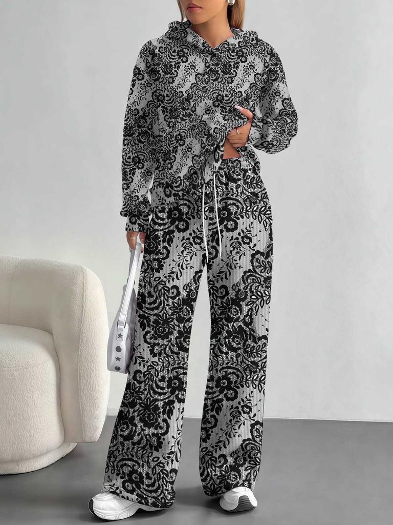 European, American Autumn and Winter Blue Flower Casual Long-sleeved Suit Women's Hooded Sweater Trousers Two-piece Set