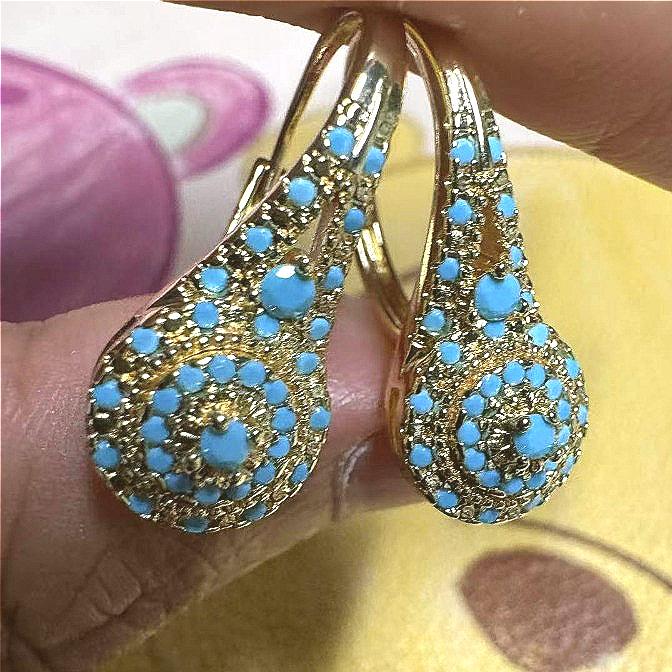 Elegant  Synthetic Turquoise Golden Plated Hoop Earrings for Women Exquisite Formal Occasions Banquet Jewelry Accessories