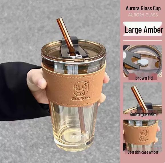 Tasse à café et à eau en verre isolant de haute qualité avec paille en bambou – Tasse de voyage portable et cadeau