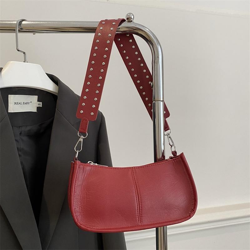 Premium Women's Bag, Simple Rivet Shoulder Bag, Fashionable Wide Shoulder Strap Bag, Versatile Texture, Trendy Messenger Handbag.