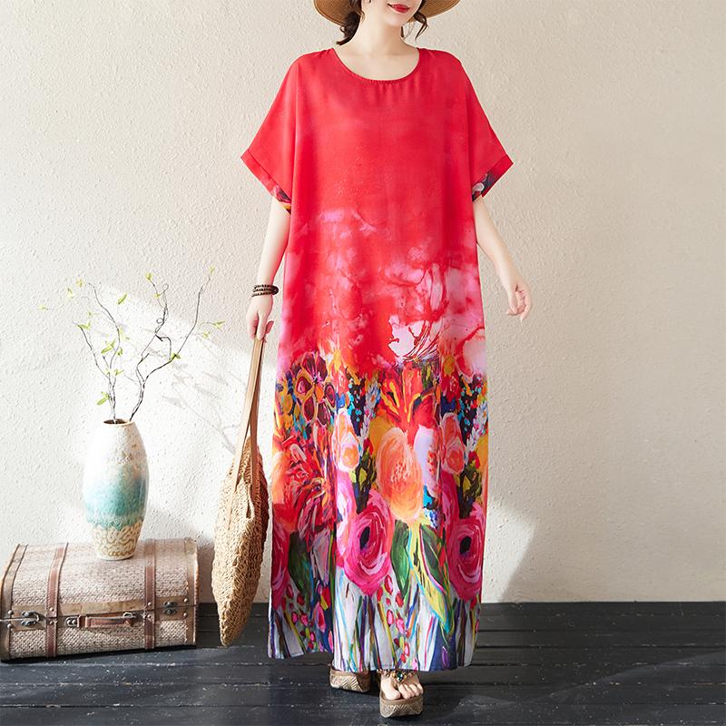 DIMANAF 2025 Summer Women Plus Size Loose Long Dress Beach Basic Casual Dress Vintage Floral Printing Holiday Dress