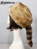 Faux Fur Hat, Round Flat Top Hat Autumn and Winter, Raccoon Tail Fluffy Warm Earflap Hat for Women
