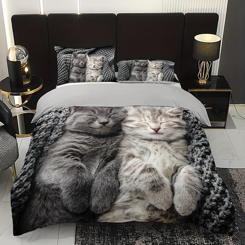 3pcs Cute Cat Bedding Set - 1 Duvet Cover + 2 Pillowcases, All-Season Soft Polyester 100%, Machine Washable Cozy Animal Design