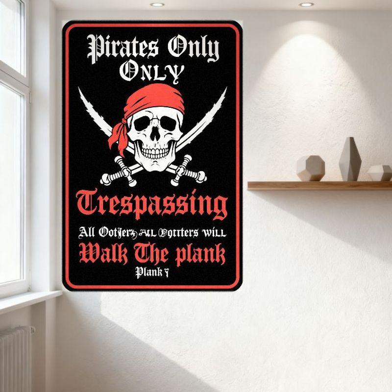 Pirates Only Trespassing Warning Metal Tin Sign Skull & Crossed Swords Gothic Style Red Border Plank Decor for Man Cave Bar Rest