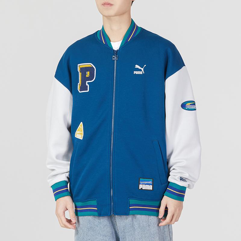 Puma FW23 Team Badge Early Spring Series Color Block Letter Logo Windbreaker Casual Baseball Jacket Unisex Jacket Blue 677373-45