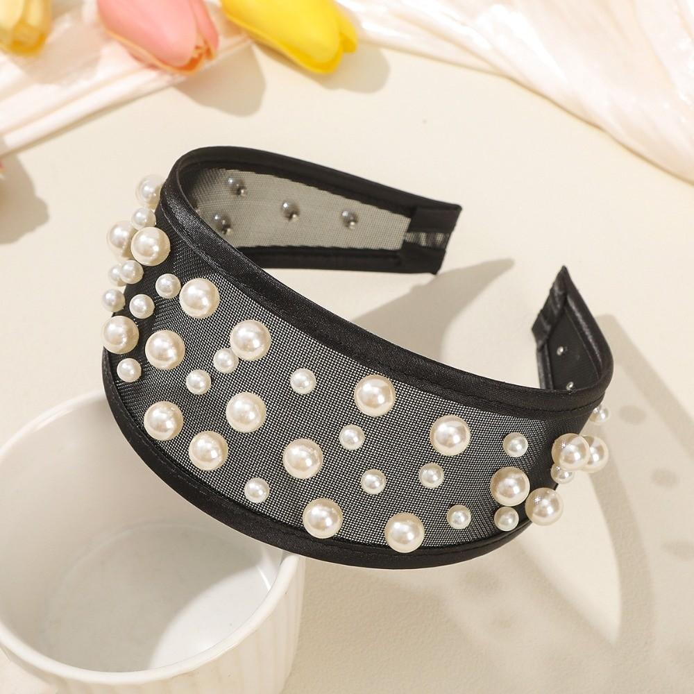 

Beads Rhinestone Wide Hair Hoop Creative Black White Hairband Mesh Pearls Headband Daily Style 4
