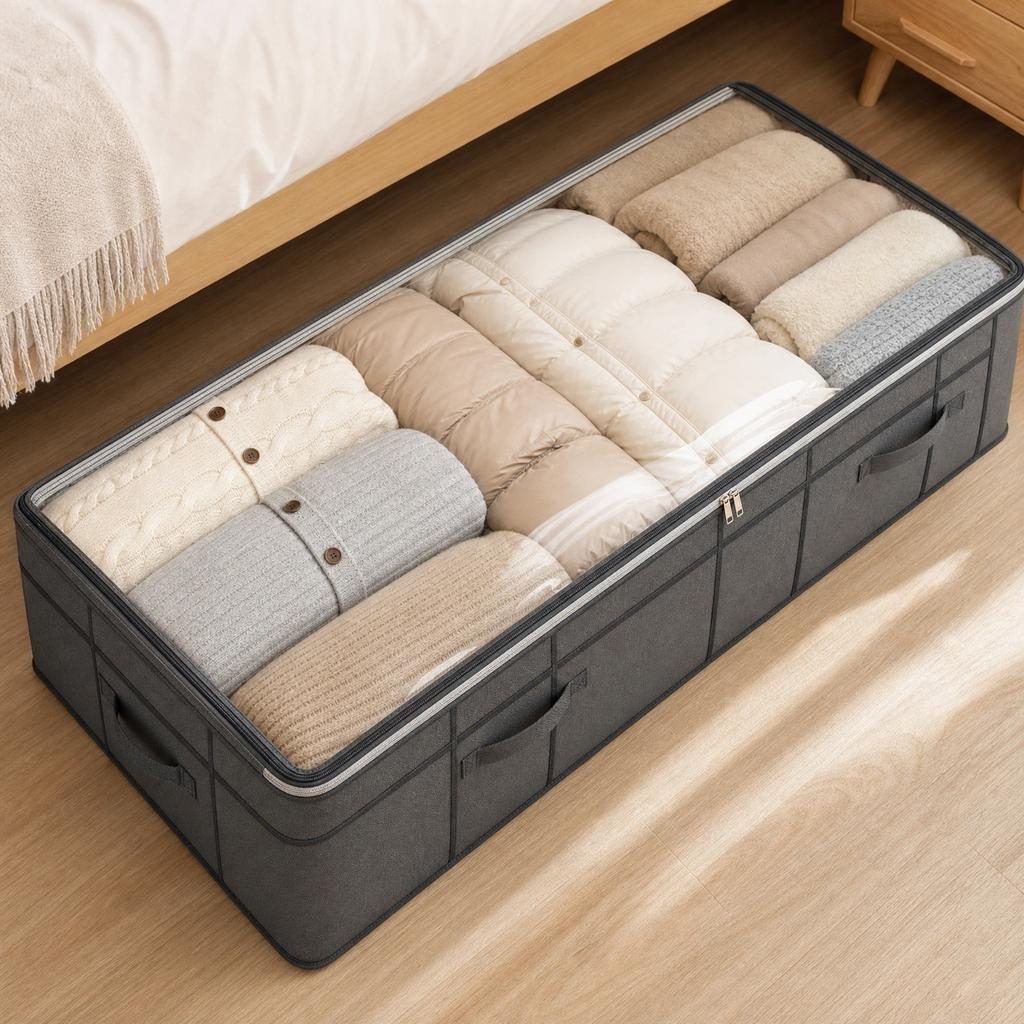 Foldable Fabric Storage Bag with Transparent Top Large Capacity Portable Storage Organizer for Clothes Bedding and Household Items