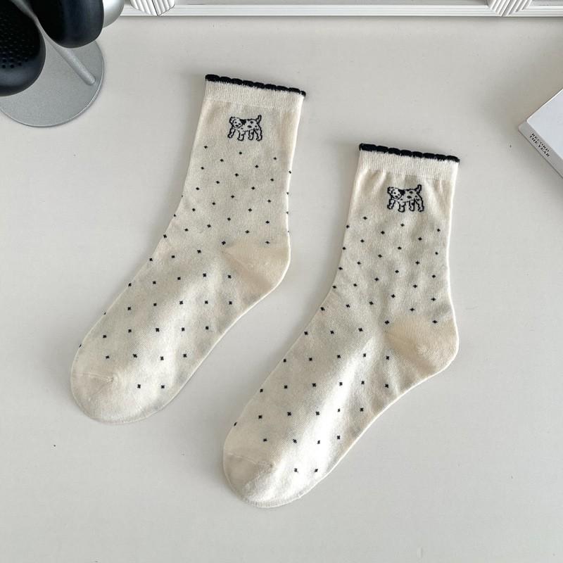 Women's Japanese Style Striped Cartoon Puppy Mid-Calf Cotton Socks - Cute, Breathable, and Versatile Embroidery Design.