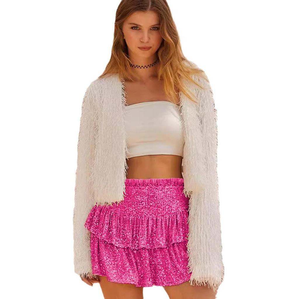 New Hot Style Spicy Girl Sequin Mini Skirt: Sexy, Solid Color, Pleated Design