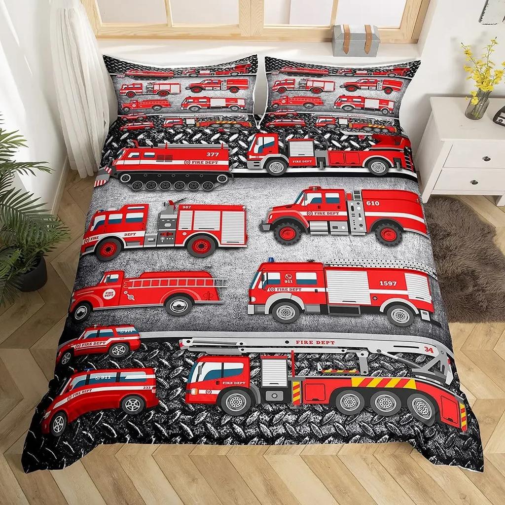 Camion dei Pompieri Rosso Auto dei Pompieri Copripiumino Confortevole Copricuscino Set Biancheria da Letto Decorazione Camera da Letto Bambini Tessile per la Casa