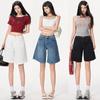 Retro Spicy Girl Elastic Waist Five-Point Denim Shorts – Women's Summer Mid-Length Wide-Leg Pants