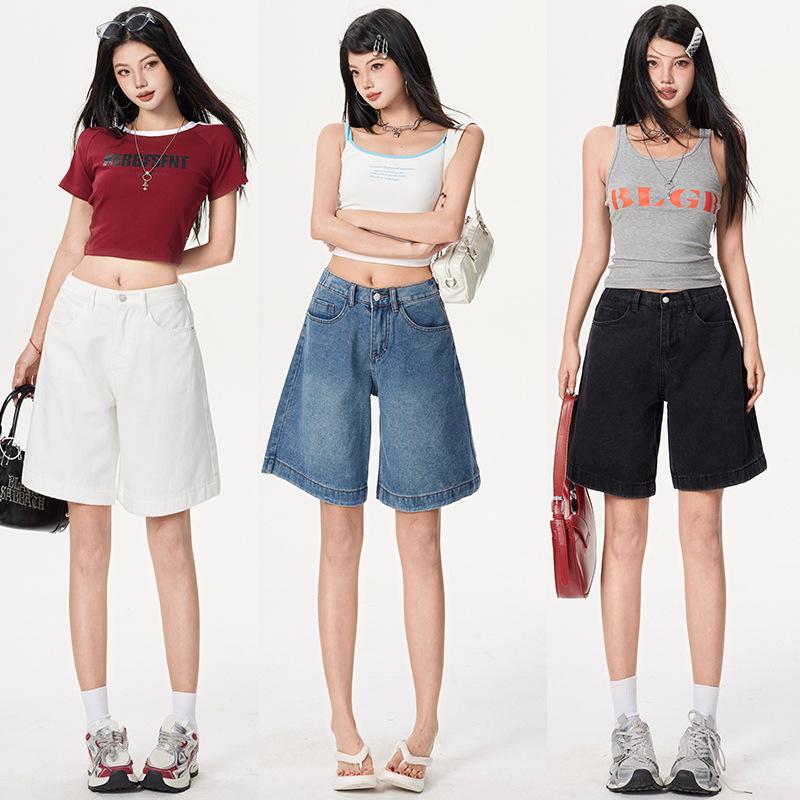 Retro Spicy Girl Elastic Waist Five-Point Denim Shorts – Women's Summer Mid-Length Wide-Leg Pants
