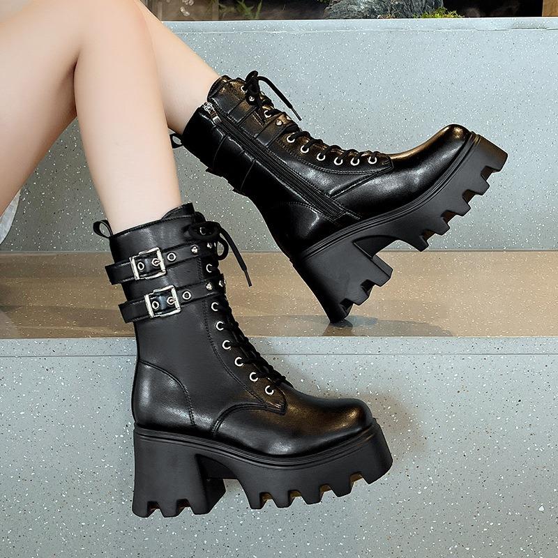 Women's Platform Boots Punk Style Women Mid-calf Boots High Quality Casual Leather Boots for Women Height Increasing Gothic Boot
