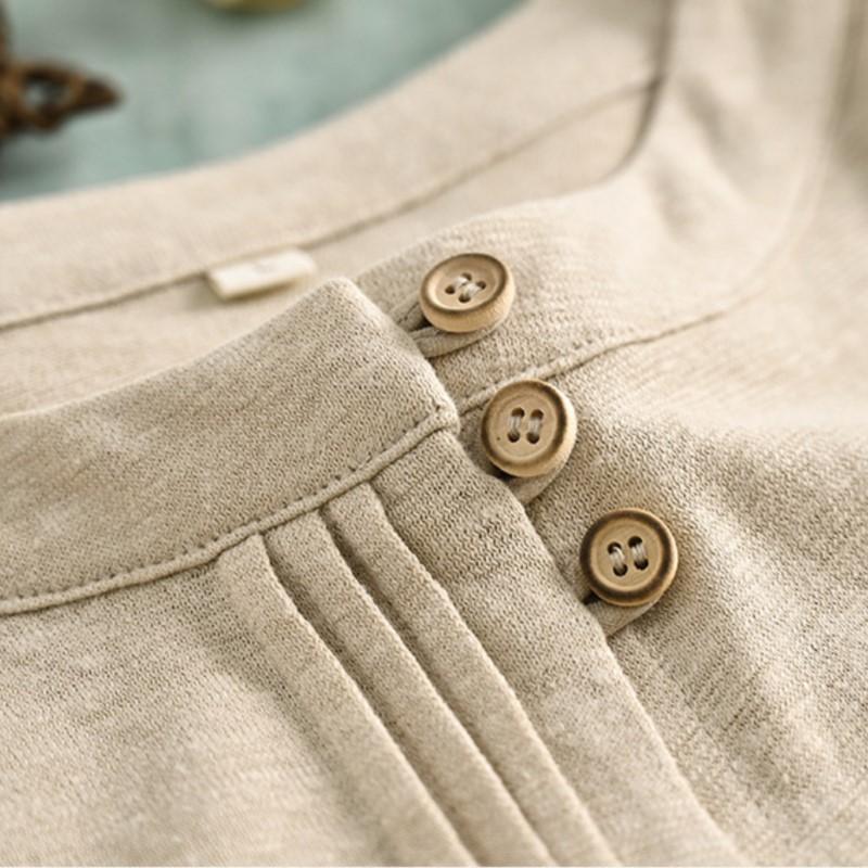 Johnature Women Knitted T-Shirts Solid Color O-Neck Spring Seven Sleeve Button Fold Casual T-Shirts