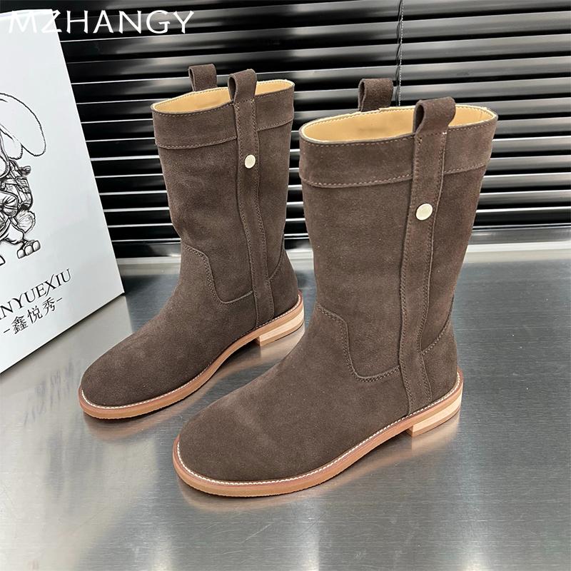 Fashion Suede Women Snow Mid Calf Boots Flats Fashion Shoes Woman 2025 Trend Walking Winter Chelsea Boots Goth New Mujer Short Botas