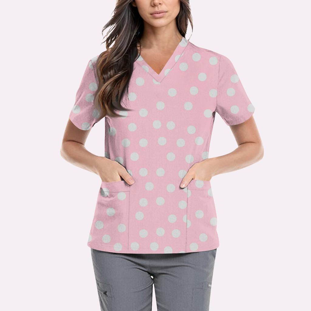 Women's Cute Printed Work Clothes V-neck Double Layer Pockets Basic Short Sleeve Top Pullover Valentines