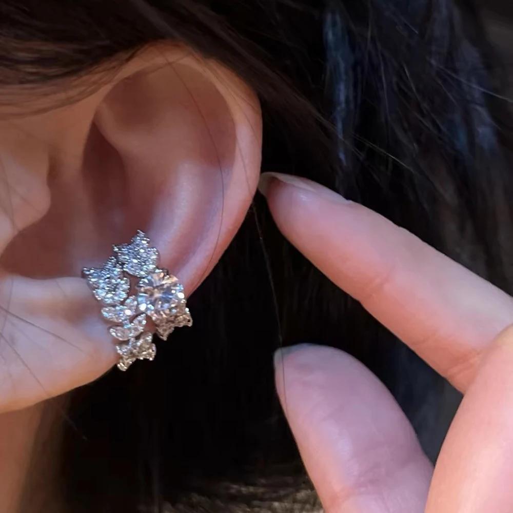 Copper Crystal Leaves Earrings Clip for Women Shiny Round Zircon Ear Clip Personality C-Shaped Earcuff Fake Piercing Jewelry