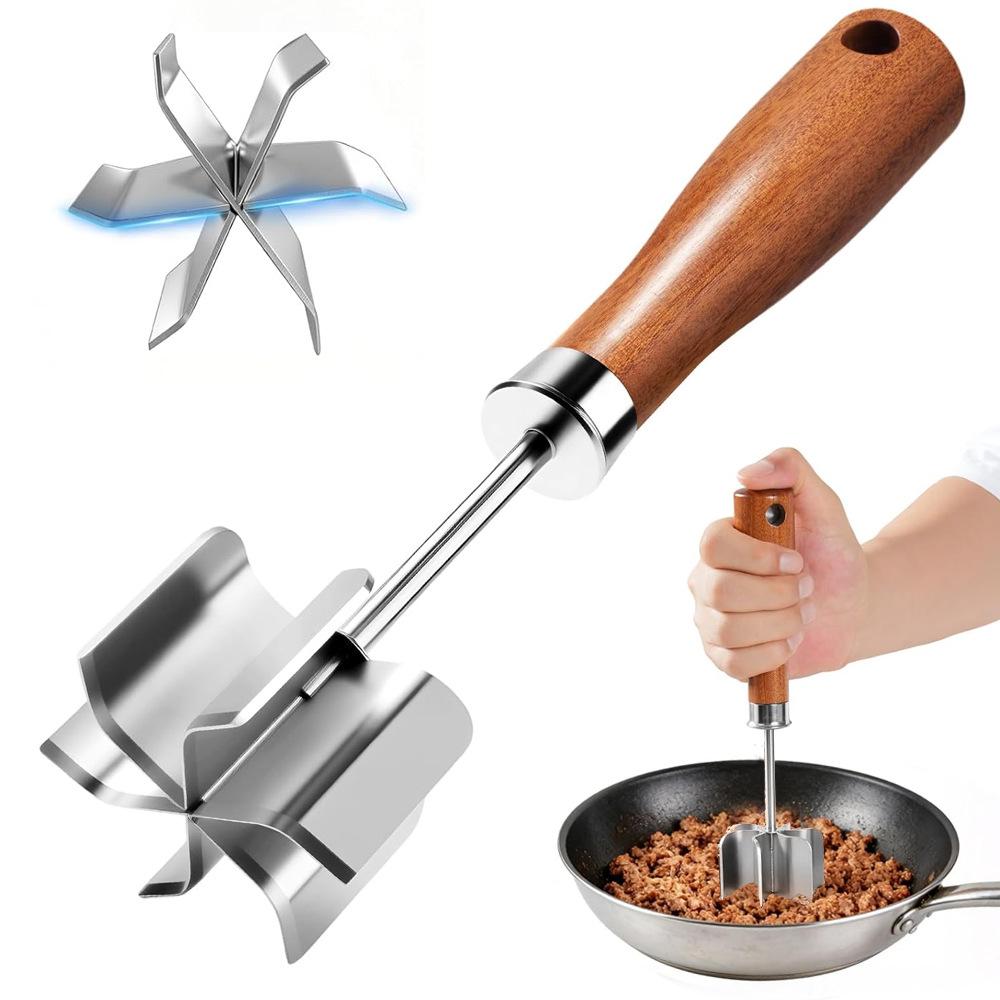 304 Stainless Steel Meat Chopper, Multi-Purpose Potato Masher, Jam Mixing Smasher Tool, Manual Ground Meat Breaker for Kitchen, Silver