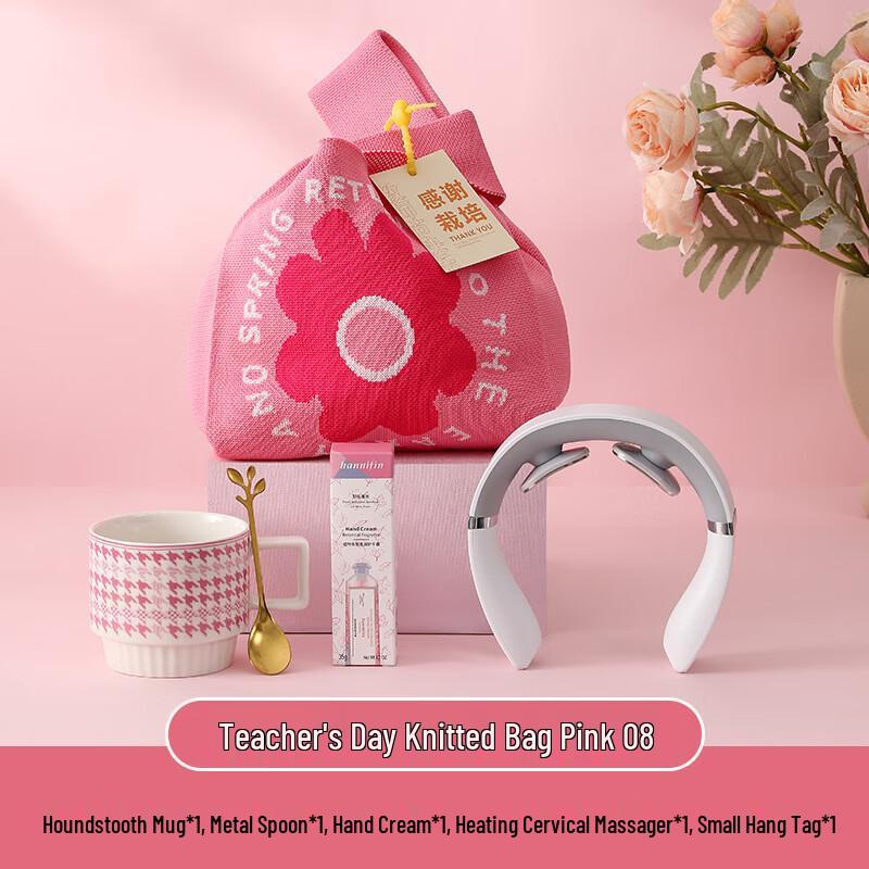 Teacher s Day Gift Set with Ceramic Mug, Neck Massager & Pink Knitted Bag