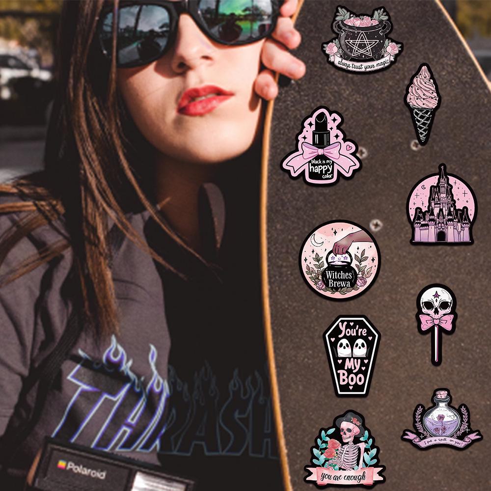 50 European & American Pink Gothic Graffiti Stickers for DIY Decoration - Waterproof for Guitar, Notebook, Suitcase.