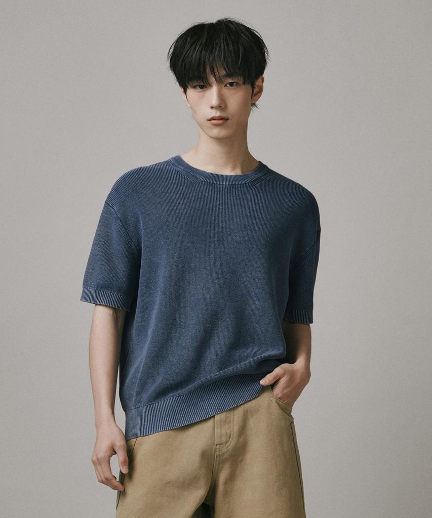 Beodeonteu Pigment Washed Round Neck Knit [Blue]