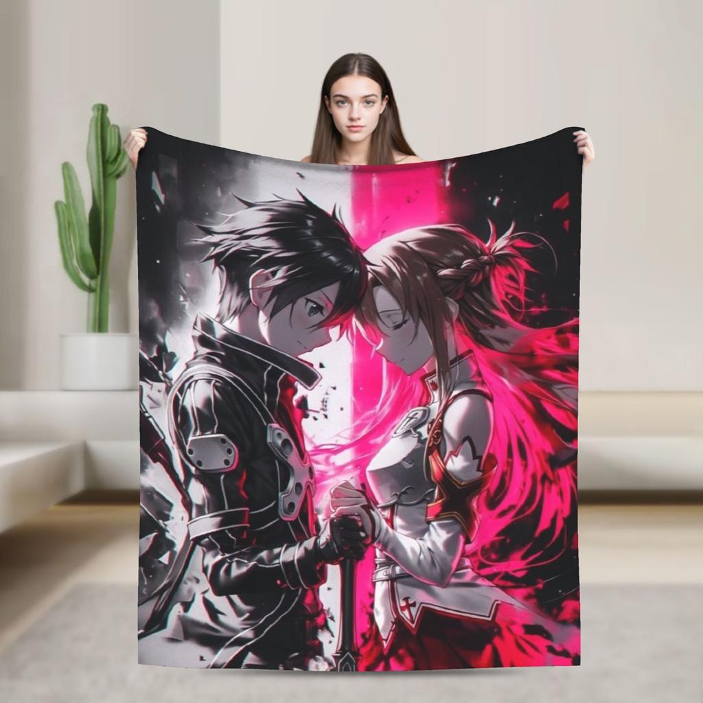 Super Soft Sword Art Online Kirito Asuna Throw Blanket Fleece Flannel Lightweight Blanket Cozy Fluffy Blankets All Season Use