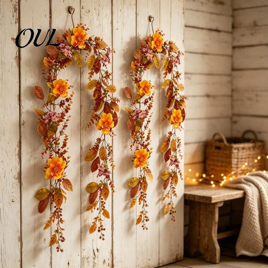 Festive Door Frame Decoration Halloween Willow Vine Twig Garland, Yellow Artificial Branch Decor for Fireplace Mantle Realistic Silk Flowers