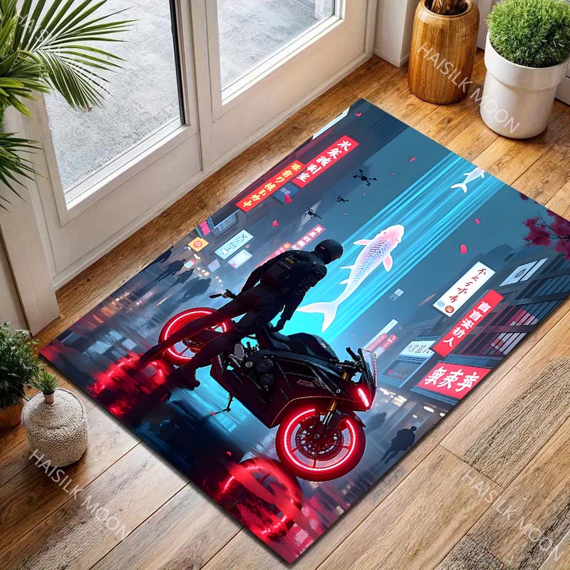 1PC Night Rider, Motorcycle Red Glow Carpet for Living Room Bedroom Sofa Home Decor Rus Non-slip Floor Mat Luxury Gift