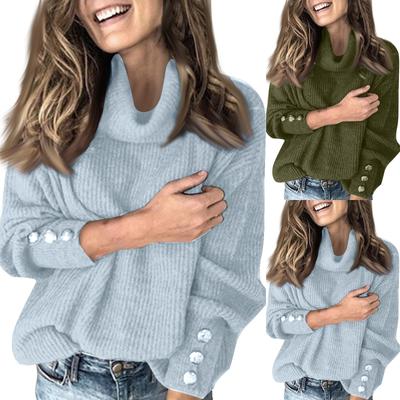 Damen Rollkragenoberteil, lockerer Pullover mit Knopfleiste, langärmelig, einfarbig, Strick-Unterhemd