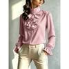 VEZFAA Women's Fashion Casual Spring Autumn Solid Color Print Long Sleeve High Neck Blouses & Shirts