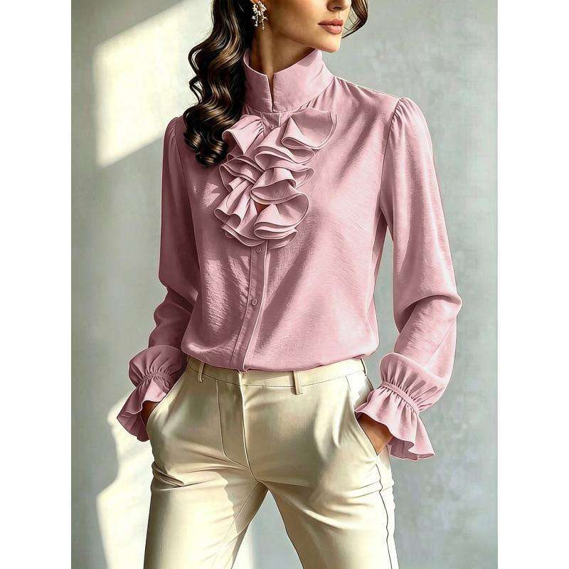 VEZFAA Women's Fashion Casual Spring Autumn Solid Color Print Long Sleeve High Neck Blouses & Shirts