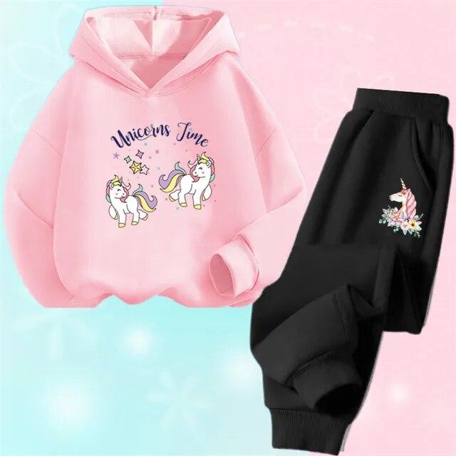 Spring Fall Girls Unicorn Sport Clothing Set Kids Outfits Hoody Sweatershirt Pants Children Fashion Thin Tracksuit
