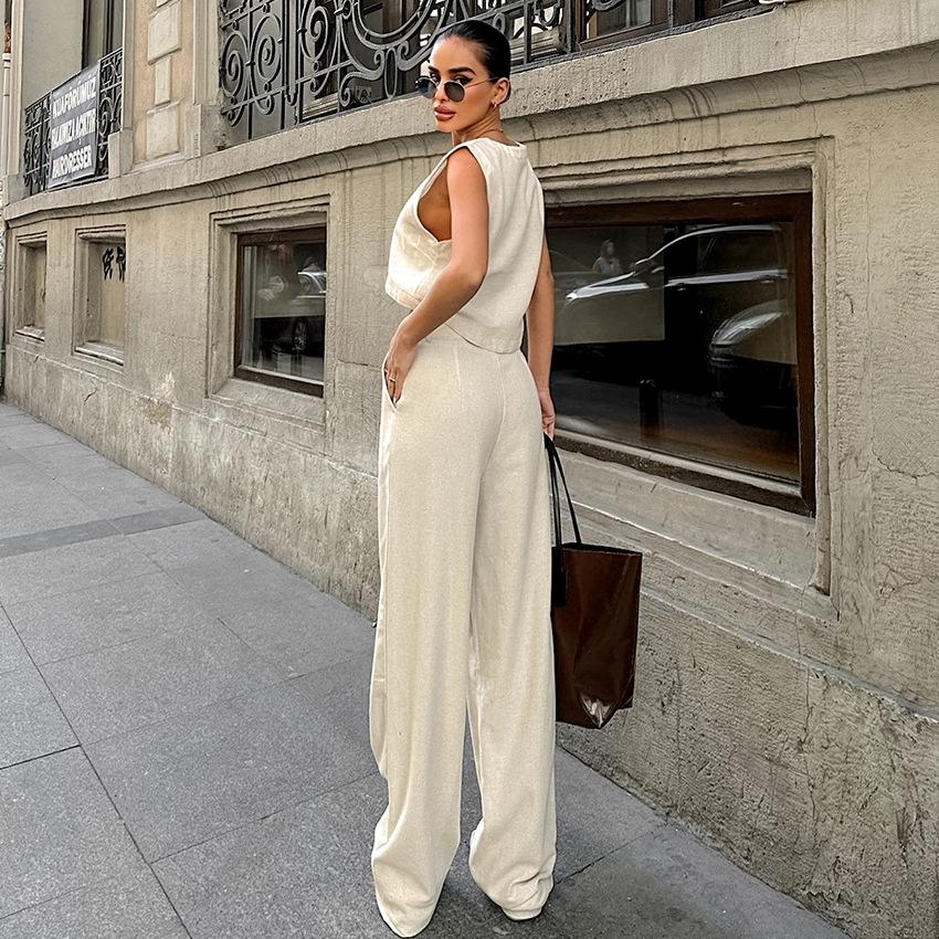 1116 summer new ramie short vest trousers two-piece set European and American street casual khaki suit women's clothing