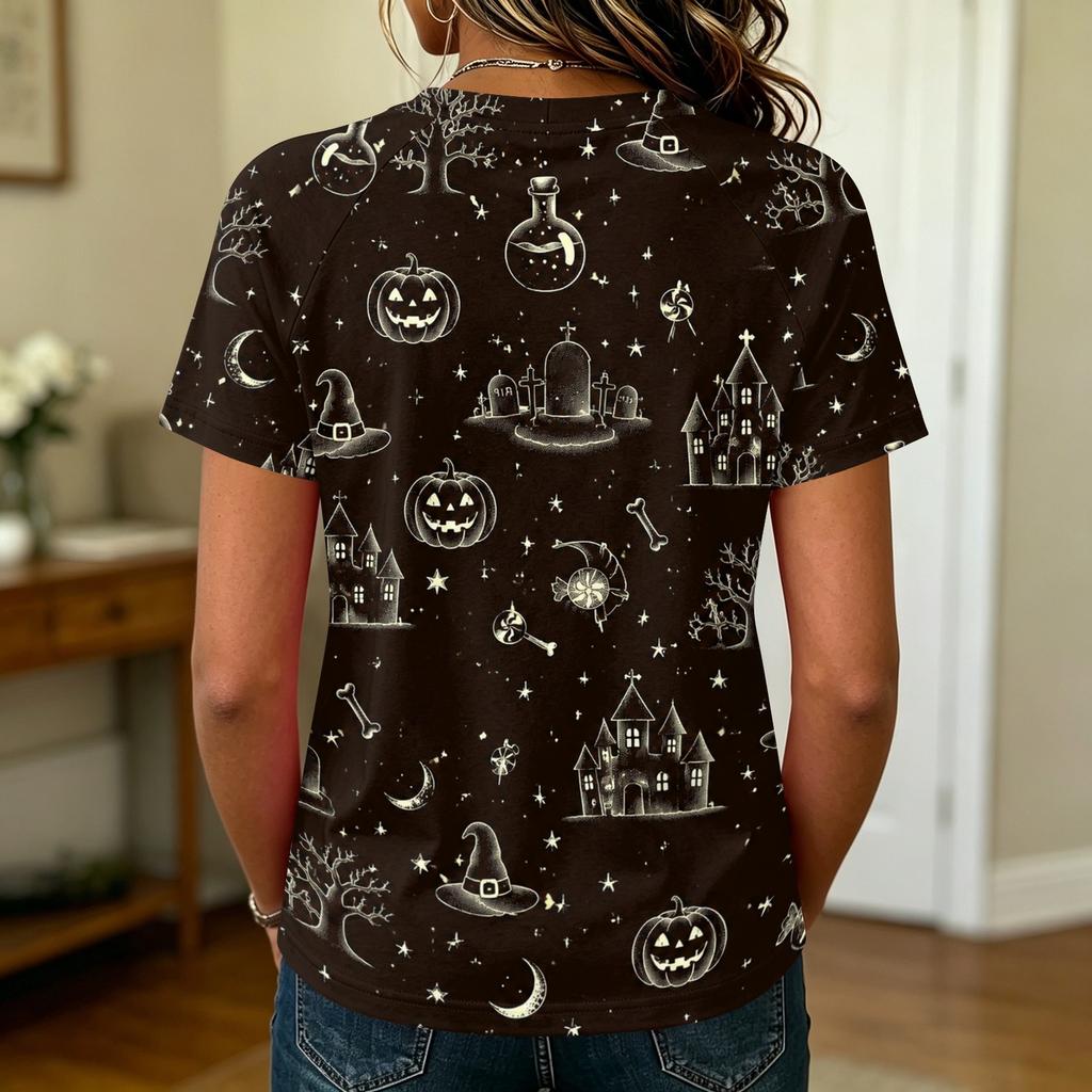 Women Raglan Sleeve Casual Short Sleeve Top Halloween Print Round Neck T Shirt Lightweight Comfortable Fit