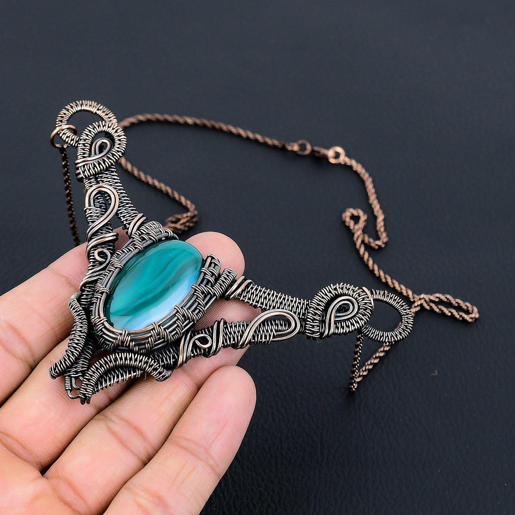 Blue Botswana Agate Gemstone Pure Copper Wire Wrapped Handmade Necklace Jewelry