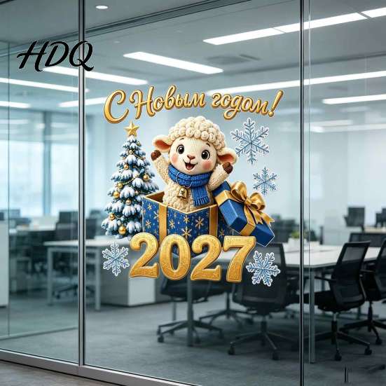 Removable Window Film for Home Russian New Year Sheep Cling 2027 PVC Static Sticker with Scratch Resistant Bathroom Decals Tree and Snowflake