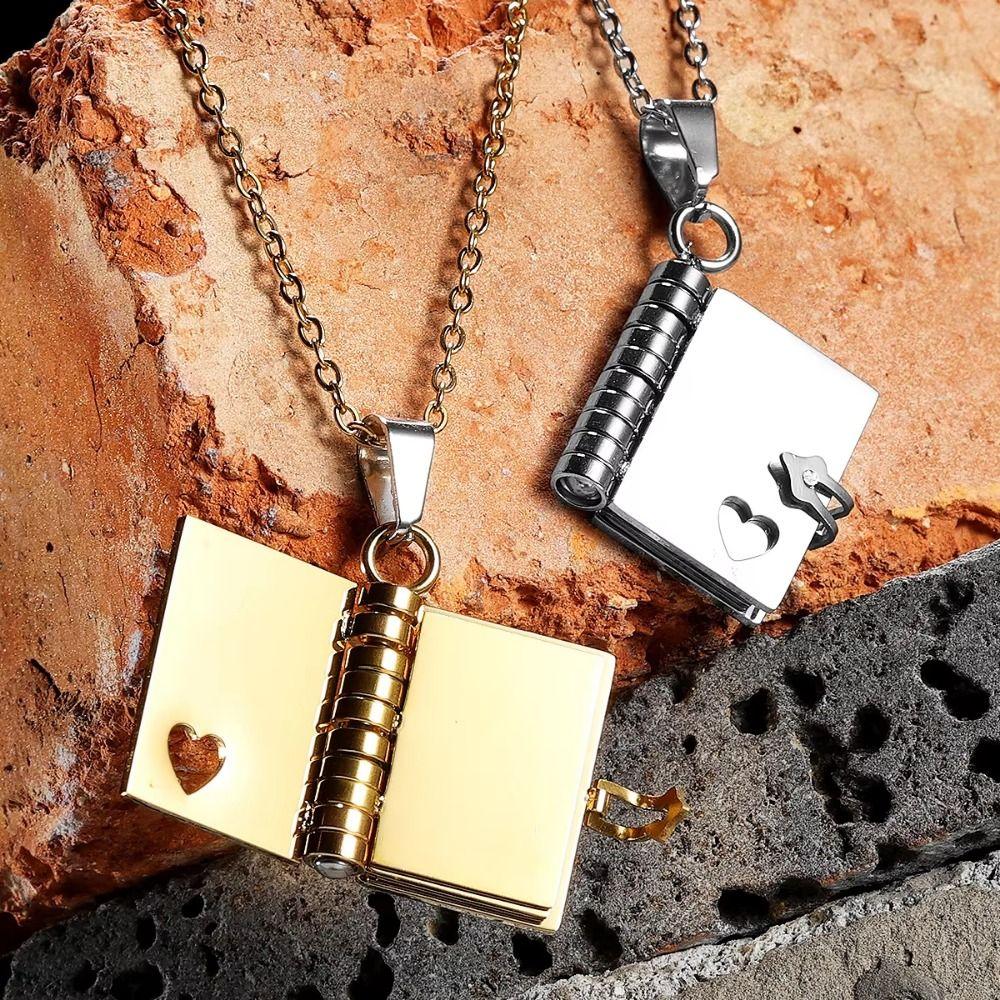 Metal Book Pendant Necklace Openable Lovers Choker Necklace Fashion Women's Sweater Chain  Girls