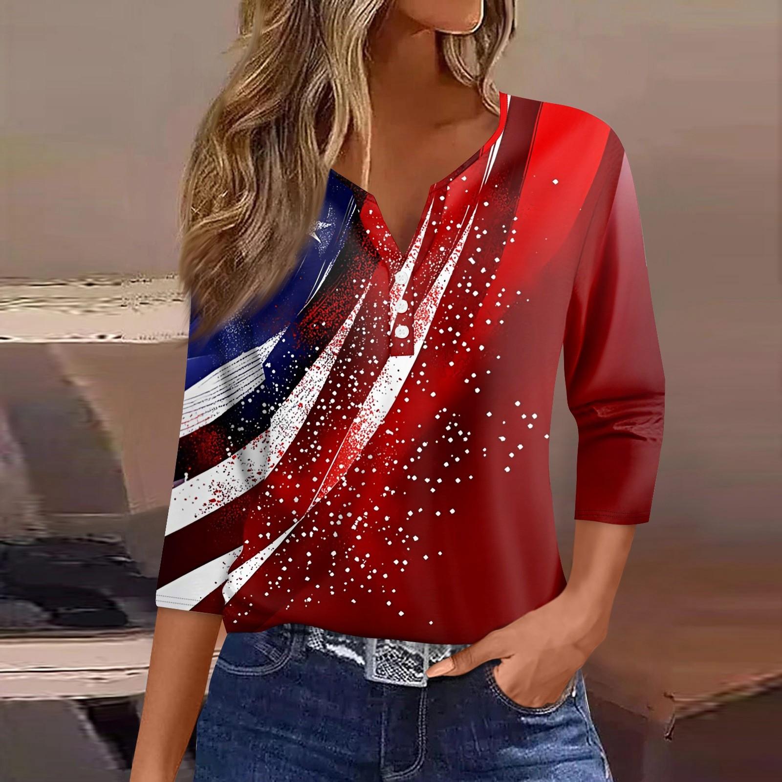 

Жен. Футболка С принтом Пуговицы Рукав 3/4 Повседневные Выходные Мода Классический Классический V-образный вырез Обычный Верх S винный